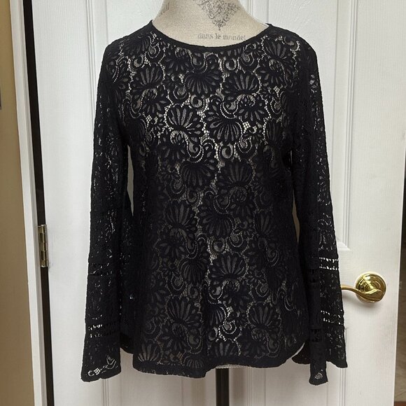 LOFT LACE, BELL-SLEEVED TOP:PREOWNED NAVY SMALL - Picture 1 of 9